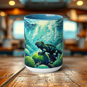 Marine Iguana Woodcut Ceramic Mug 15oz - Ocean Conservation Algae-Eating Reptile Design, Eco-Friendly Dishwasher Safe Cup Artd Eco - Chromatic Safari - Blue -