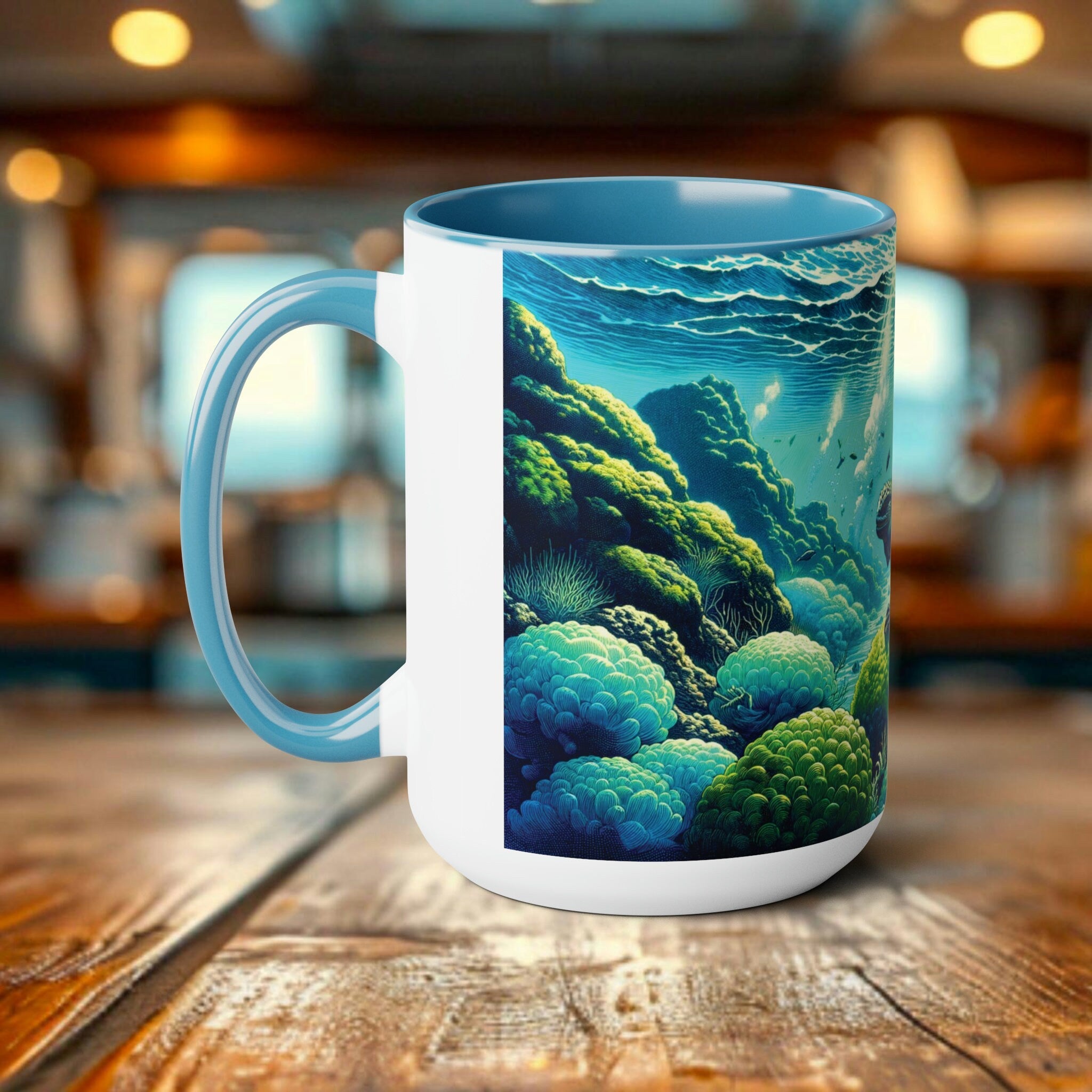 Marine Iguana Woodcut Ceramic Mug 15oz - Ocean Conservation Algae-Eating Reptile Design, Eco-Friendly Dishwasher Safe Cup Artd Eco - Chromatic Safari - Blue -