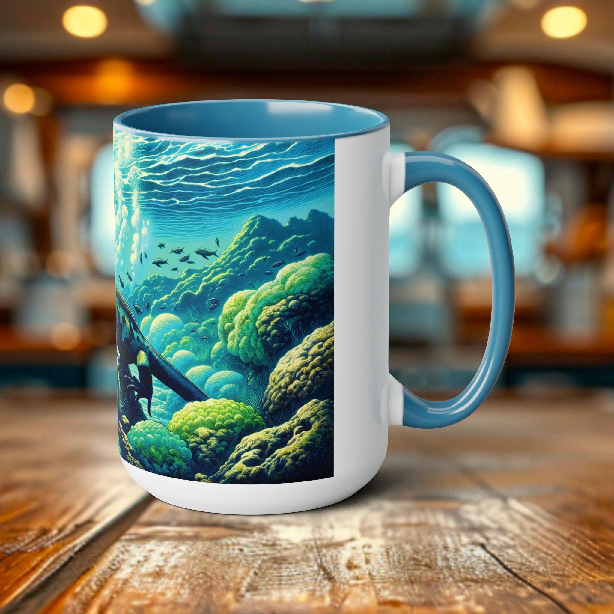 Marine Iguana Woodcut Ceramic Mug 15oz - Ocean Conservation Algae-Eating Reptile Design, Eco-Friendly Dishwasher Safe Cup Artd Eco - Chromatic Safari - Blue -