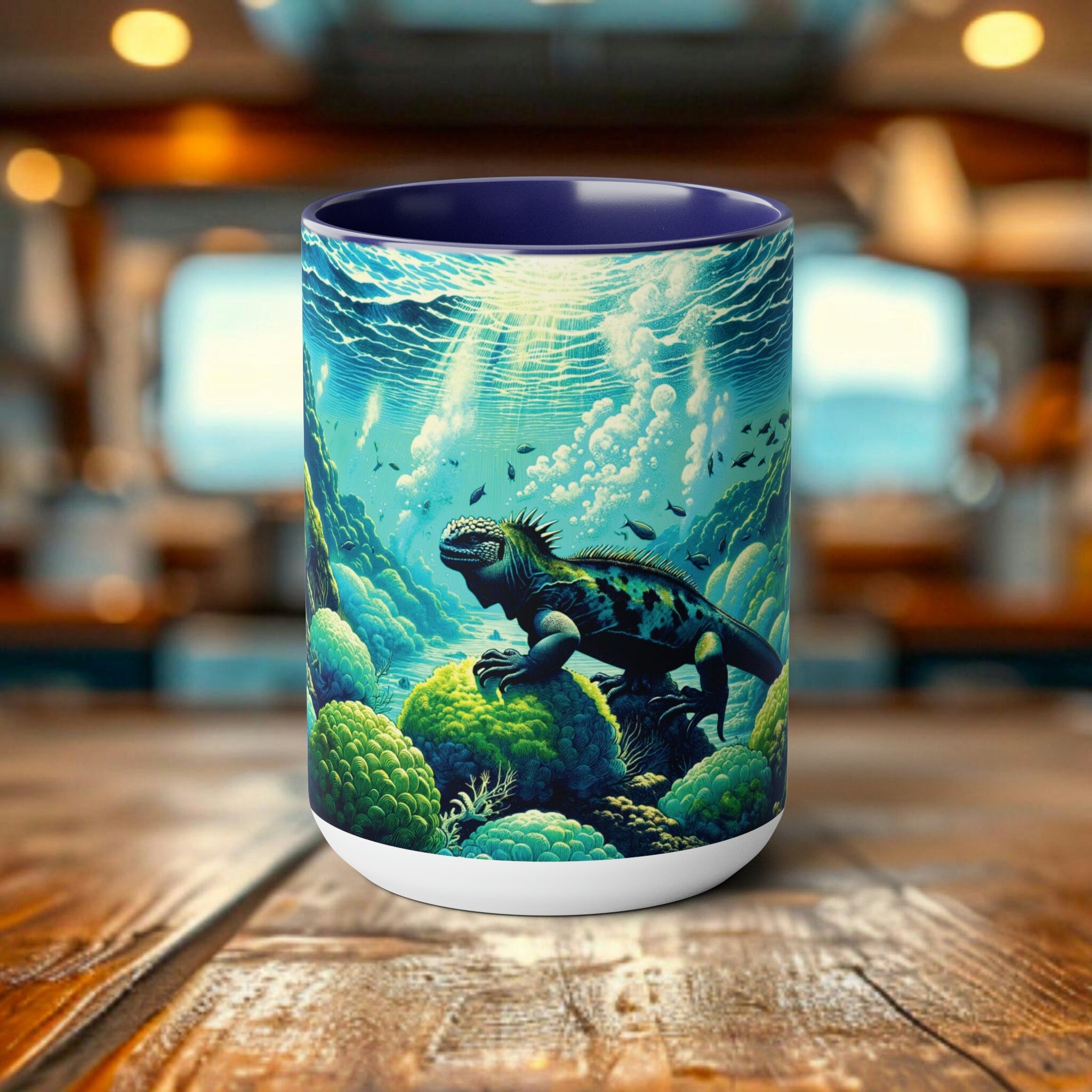 Marine Iguana Woodcut Ceramic Mug 15oz - Ocean Conservation Algae-Eating Reptile Design, Eco-Friendly Dishwasher Safe Cup Artd Eco - Chromatic Safari - Blue -