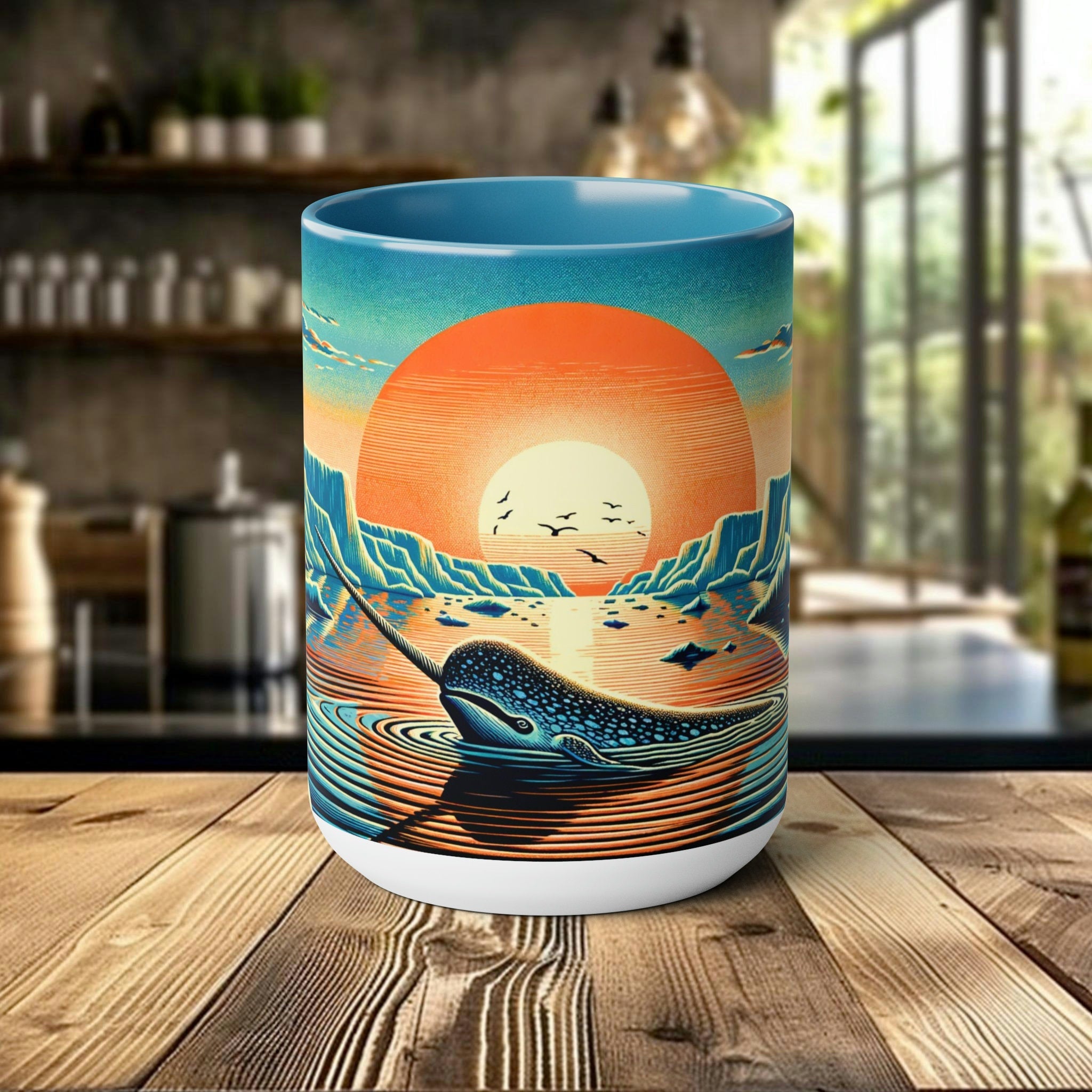 Narwhal Mug Woodcut Design Ceramic | Eco-Conscious Ocean-Themed Drinkware | Perfect Gift for Sea Life Enthusiasts and Activists - Chromatic Safari - Light Blue -