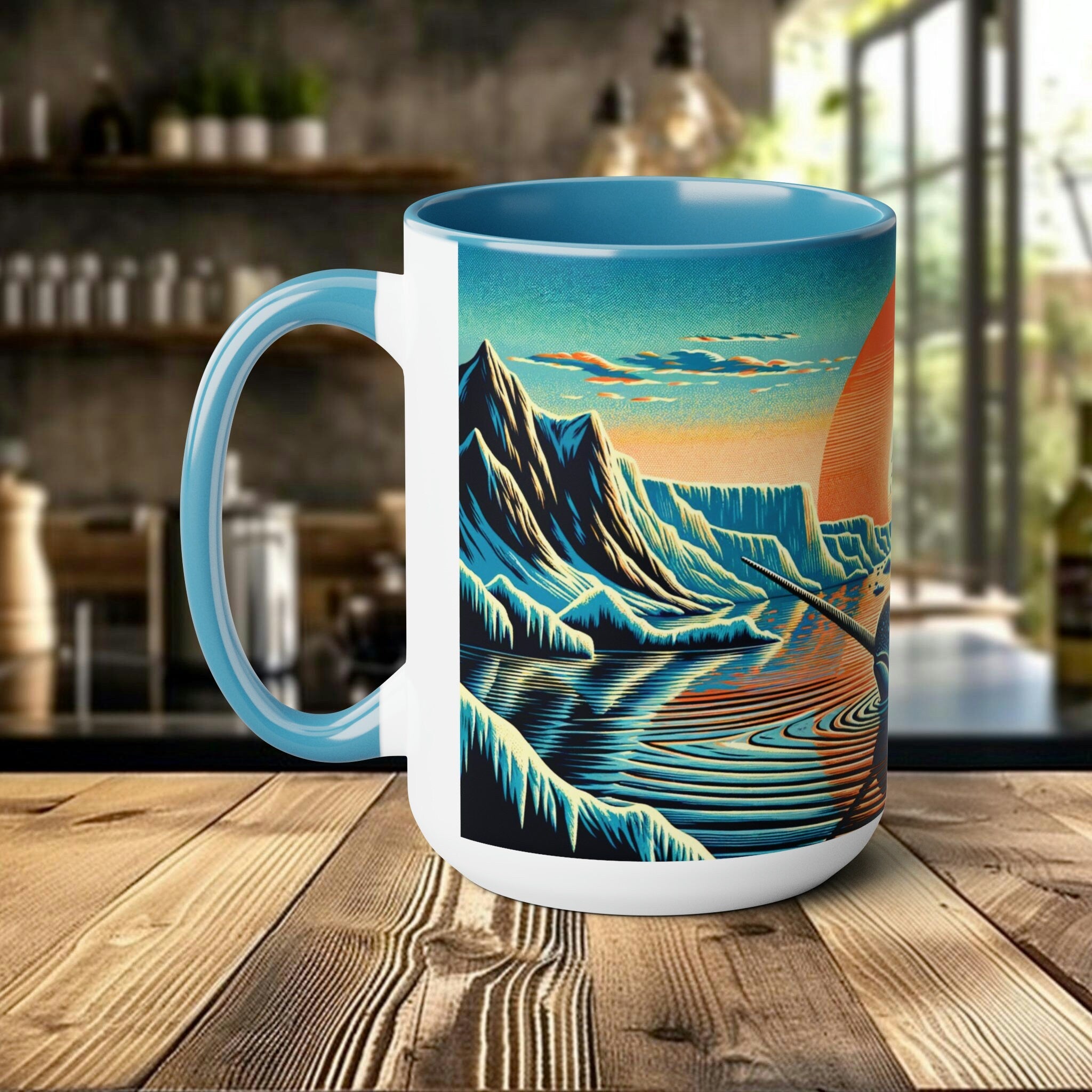 Narwhal Mug Woodcut Design Ceramic | Eco-Conscious Ocean-Themed Drinkware | Perfect Gift for Sea Life Enthusiasts and Activists - Chromatic Safari - Light Blue -