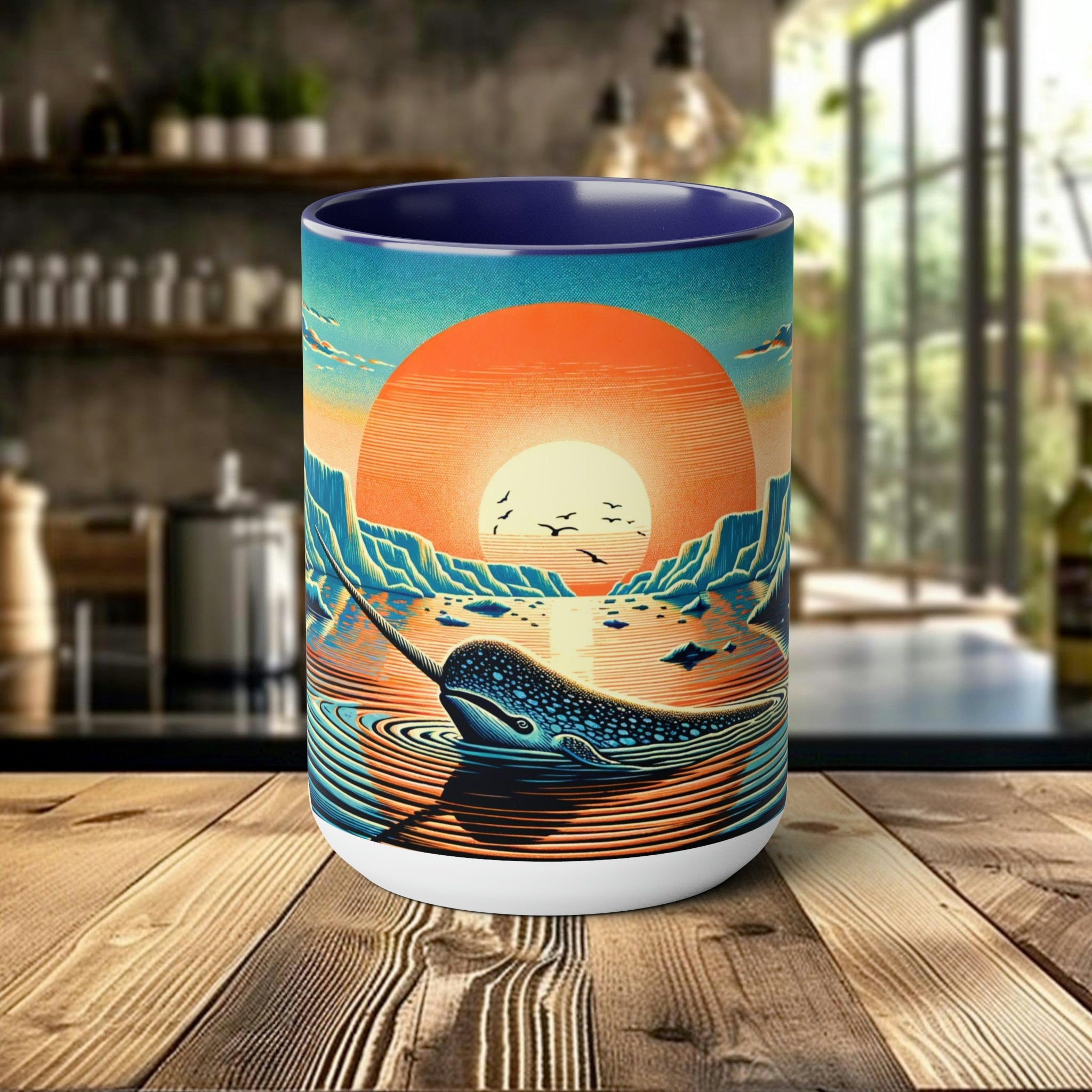 Narwhal Mug Woodcut Design Ceramic | Eco-Conscious Ocean-Themed Drinkware | Perfect Gift for Sea Life Enthusiasts and Activists - Chromatic Safari - Blue -