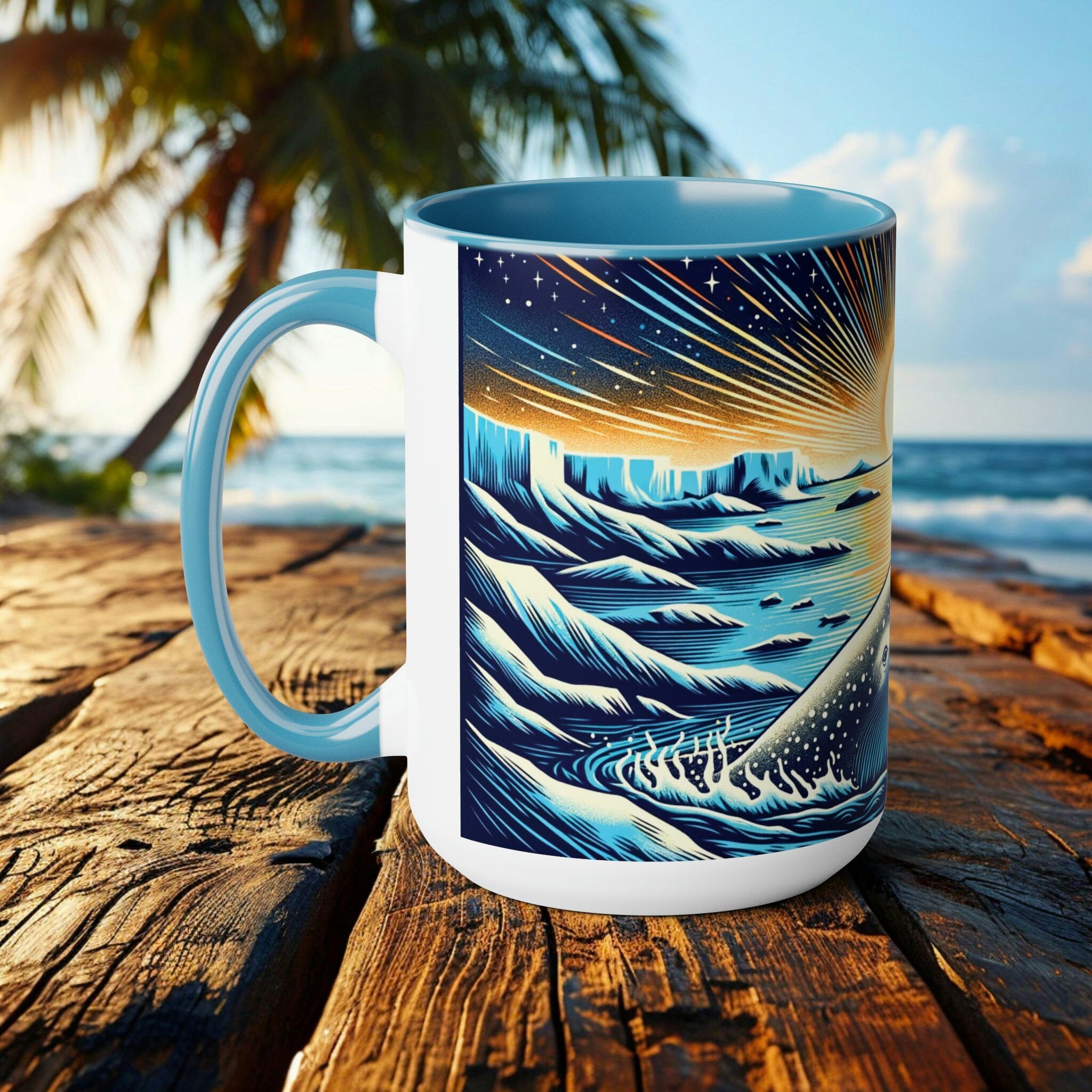 Narwhal Mug Woodcut Illustration | Artistic Ocean Themed Coffee Cup | Unique Gift for Marine Animal Lovers and Eco Advocates - Chromatic Safari - Light Blue -