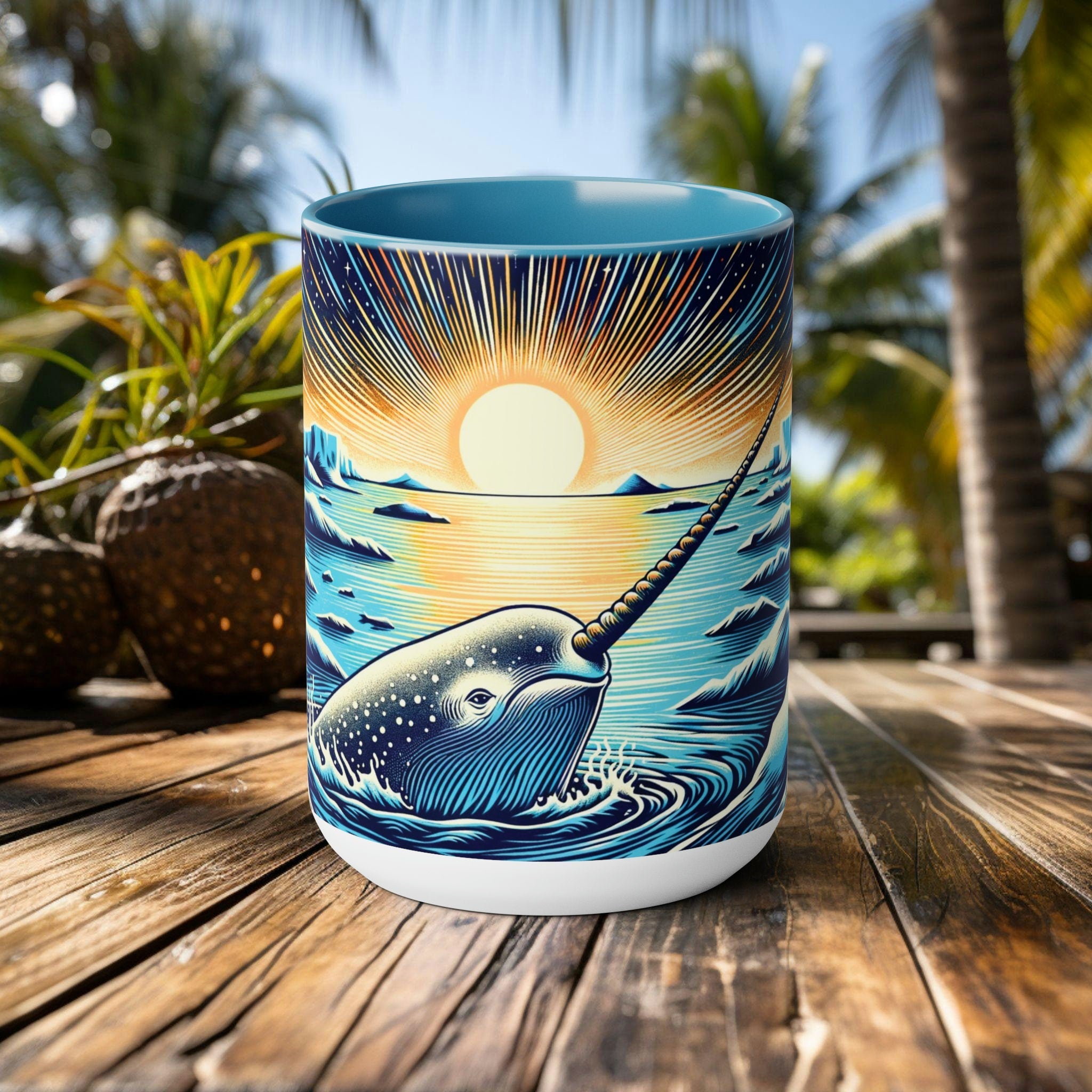 Narwhal Mug Woodcut Illustration | Artistic Ocean Themed Coffee Cup | Unique Gift for Marine Animal Lovers and Eco Advocates - Chromatic Safari - Light Blue -