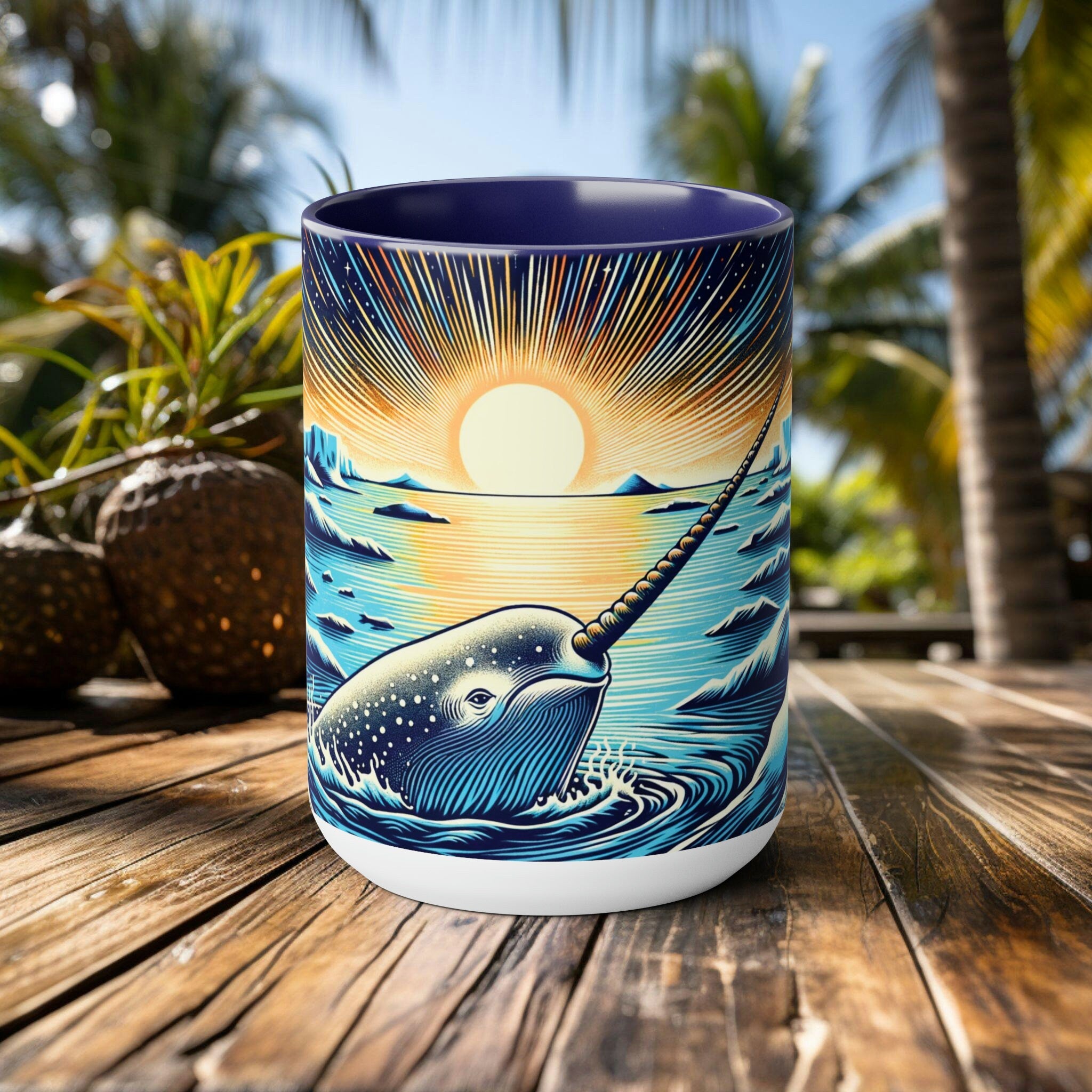 Narwhal Mug Woodcut Illustration | Artistic Ocean Themed Coffee Cup | Unique Gift for Marine Animal Lovers and Eco Advocates - Chromatic Safari - Blue -