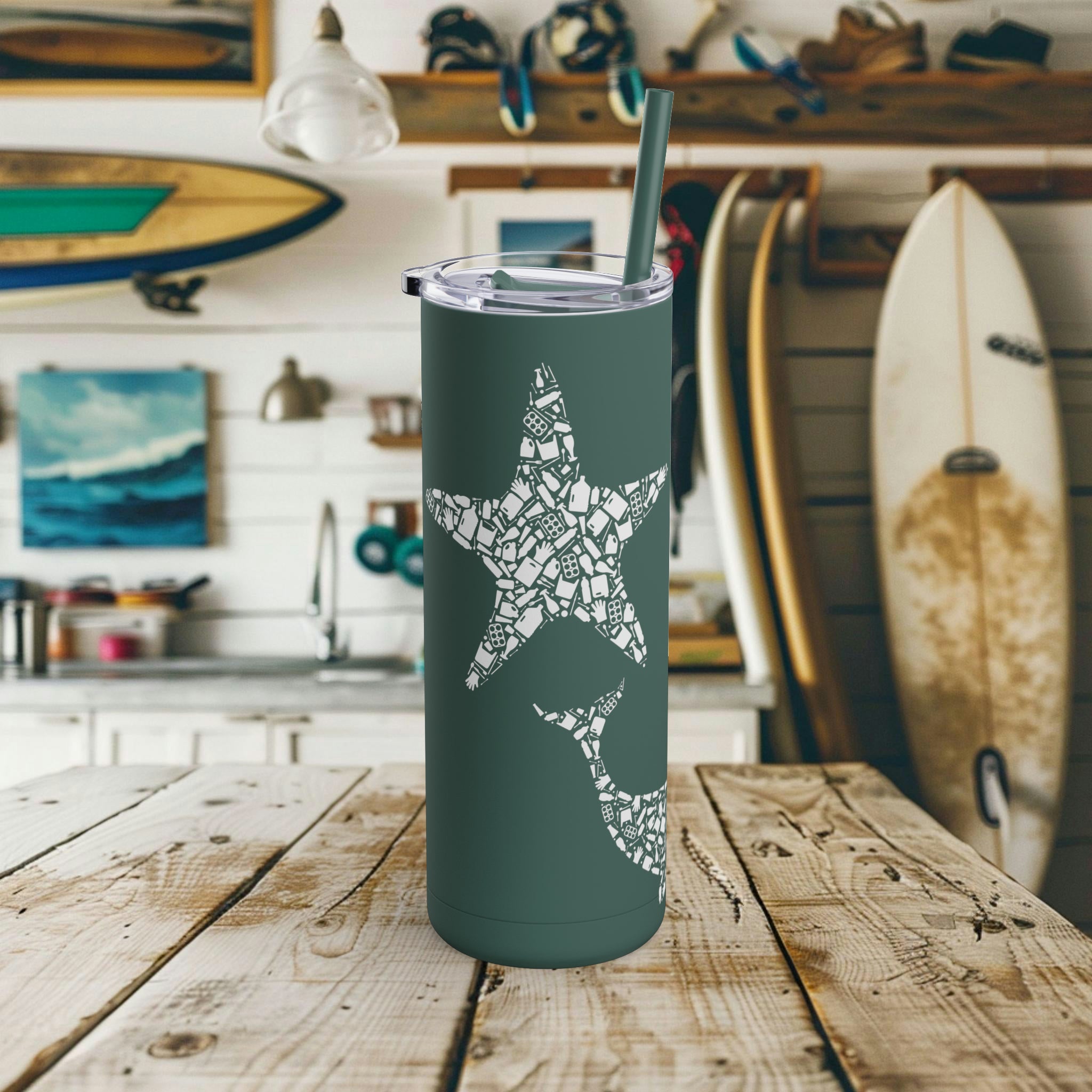 Ocean Conservation 20oz Tumbler with Straw, Unique Starfish, Manta Ray & Blue Whale Design - Eco-Friendly, Reusable, Gift for Surfer - Mug - Chromatic Safari - Dusty Blue - 20oz