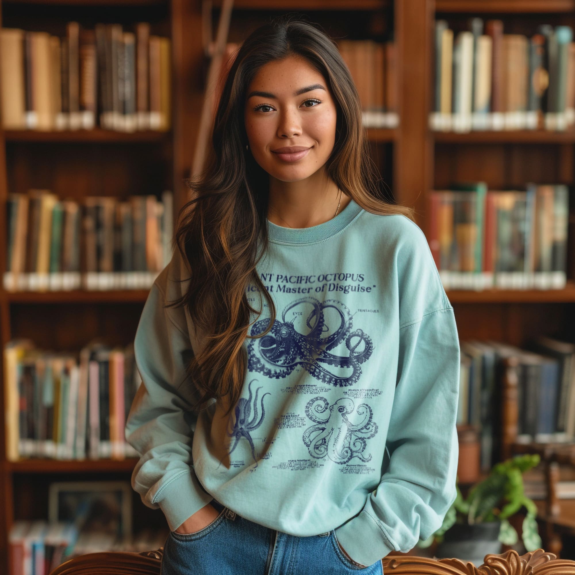Octopus Anatomy Sweatshirt Pullover | Sea Creature Gift for Surfer | Luxury Comfort Colors Sweatshirt for Ocean Lovers & Science Enthusiasts - Sweatshirt - Chromatic Safari - Blue Jean - S