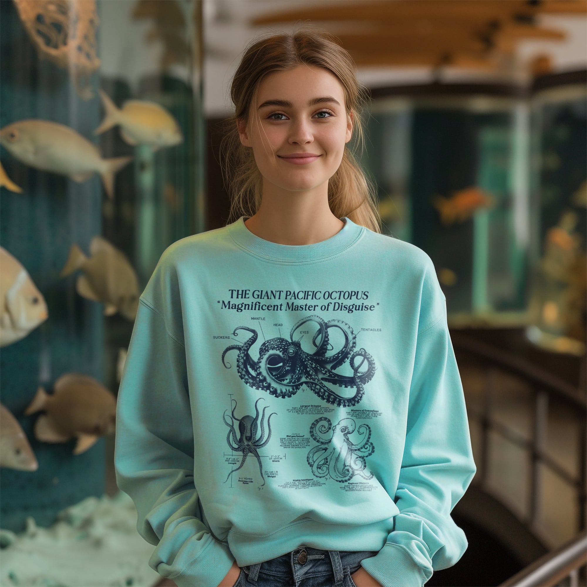 Octopus Anatomy Sweatshirt Pullover | Sea Creature Gift for Surfer | Luxury Comfort Colors Sweatshirt for Ocean Lovers & Science Enthusiasts - Sweatshirt - Chromatic Safari - Chalky Mint - S