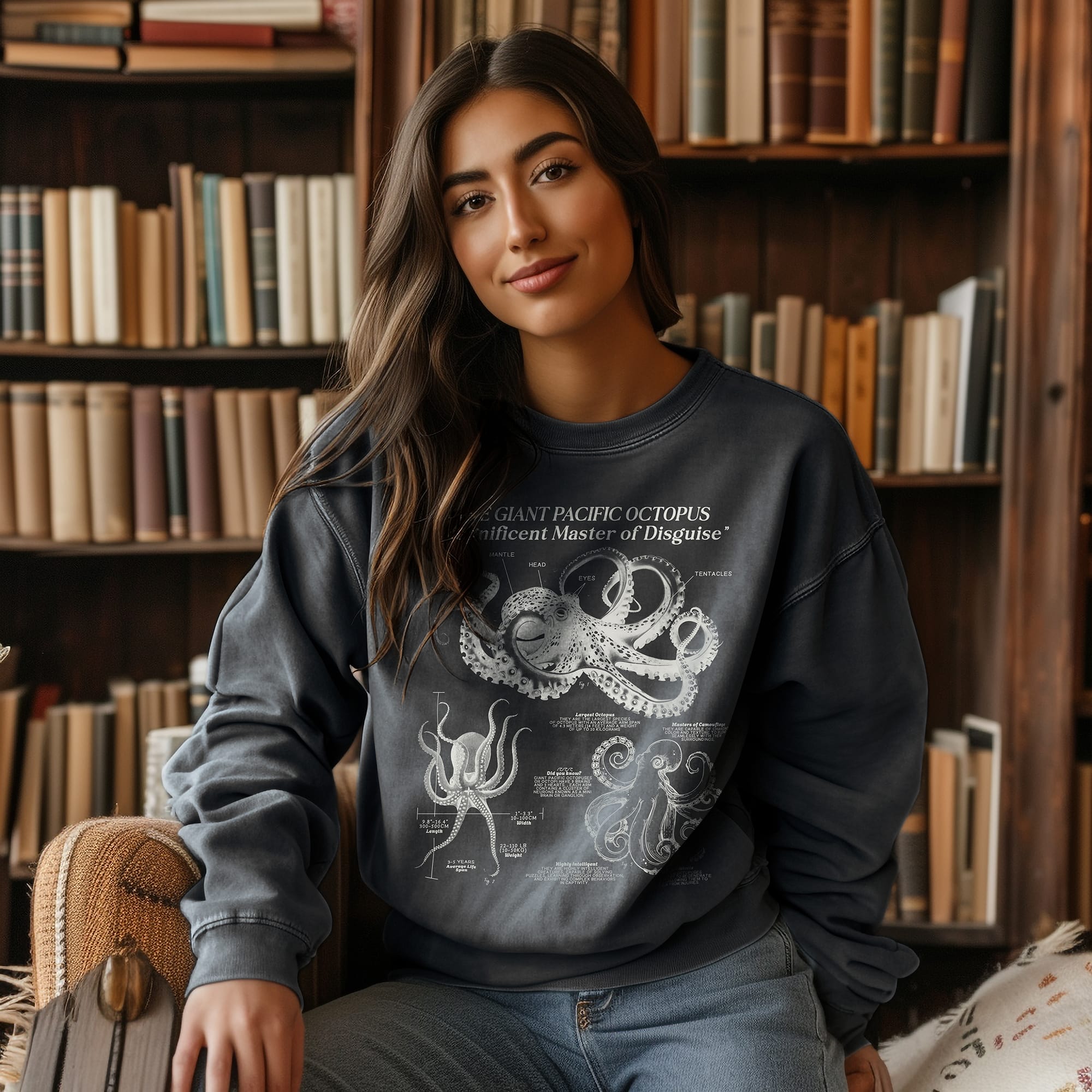 Octopus Anatomy Sweatshirt Pullover | Sea Creature Gift for Surfer | Luxury Comfort Colors Sweatshirt for Ocean Lovers & Science Enthusiasts - Sweatshirt - Chromatic Safari - Blue Jean - S