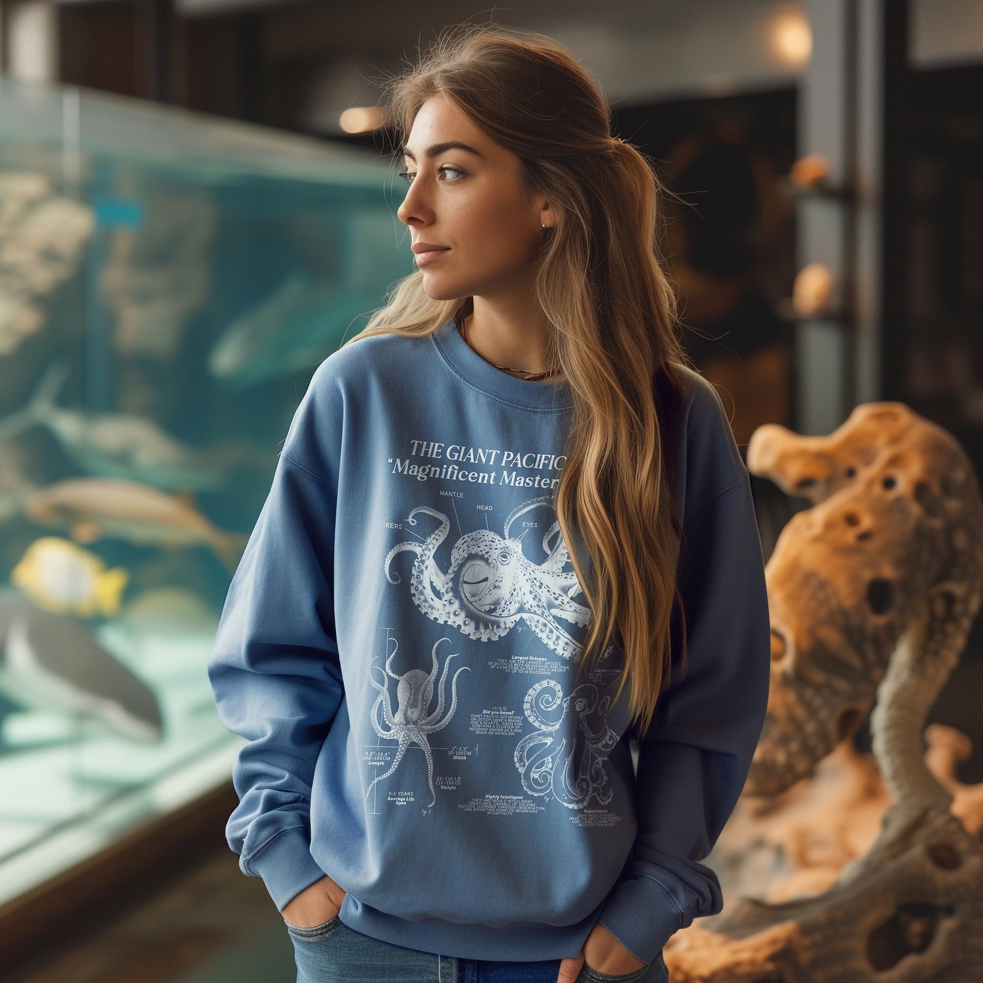 Octopus Anatomy Sweatshirt Pullover | Sea Creature Gift for Surfer | Luxury Comfort Colors Sweatshirt for Ocean Lovers & Science Enthusiasts - Sweatshirt - Chromatic Safari - Blue Jean - S