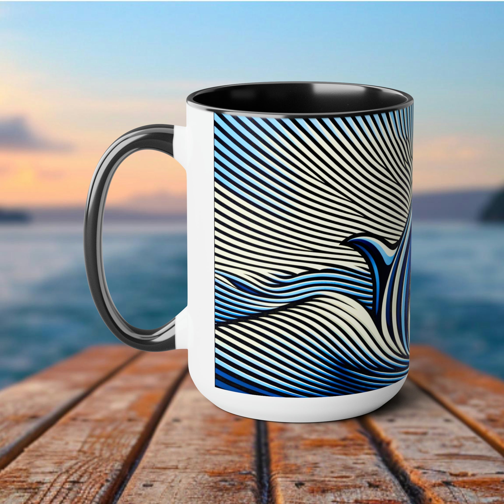 Orca Whale Mug - Op-Art Coffee Cup, Black and White Killer Whale Print, Gift for Fishing, Artistic Sea Animal Drinkware, Eco-Friendly - Mug - Chromatic Safari - 15oz - Blue