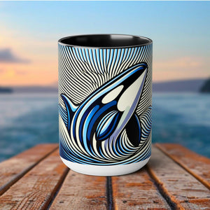 Orca Whale Mug - Op-Art Coffee Cup, Black and White Killer Whale Print, Gift for Fishing, Artistic Sea Animal Drinkware, Eco-Friendly - Mug - Chromatic Safari - 15oz - Black