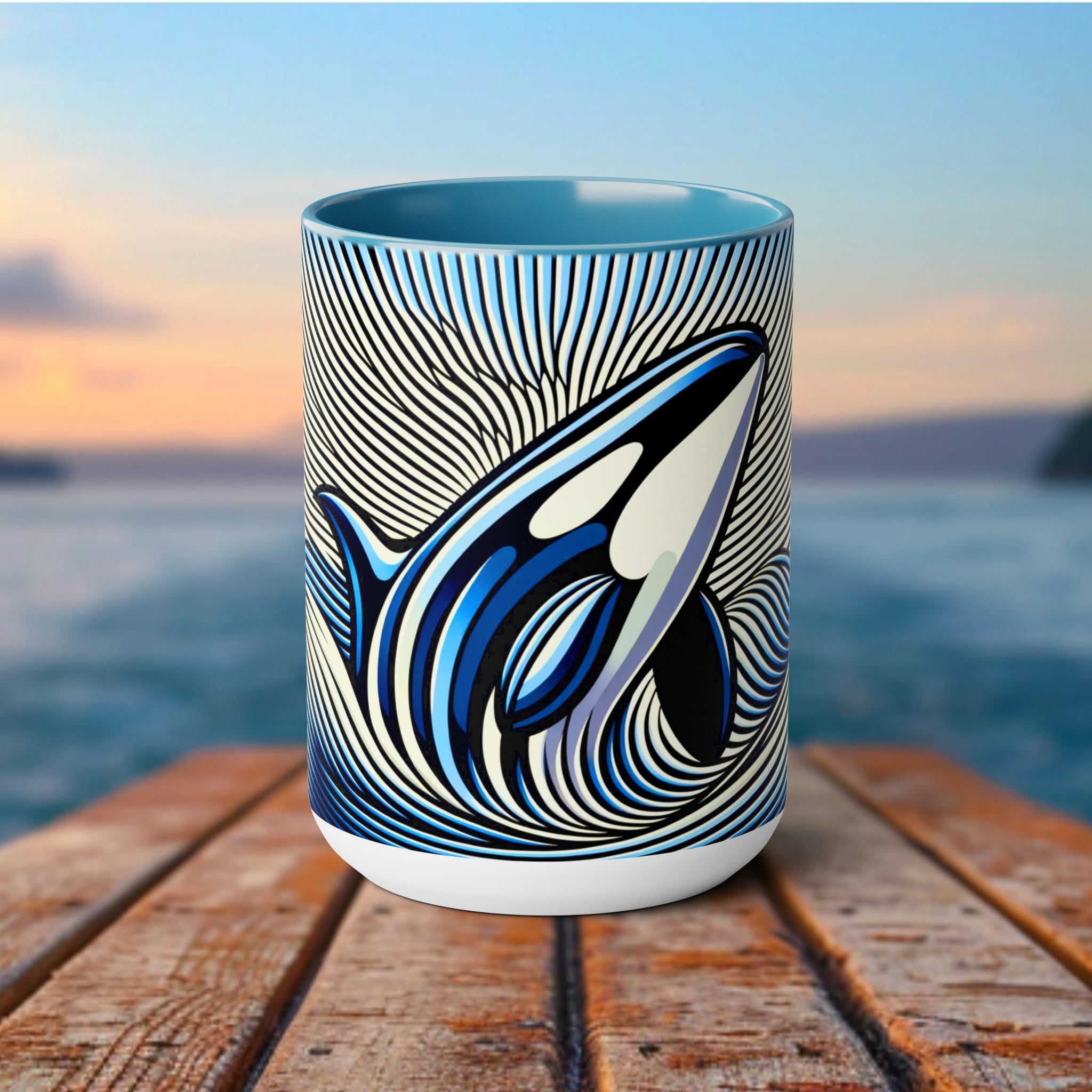 Orca Whale Mug - Op-Art Coffee Cup, Black and White Killer Whale Print, Gift for Fishing, Artistic Sea Animal Drinkware, Eco-Friendly - Mug - Chromatic Safari - 15oz - Light Blue