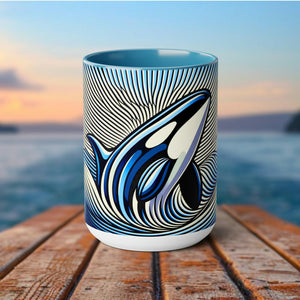 Orca Whale Mug - Op-Art Coffee Cup, Black and White Killer Whale Print, Gift for Fishing, Artistic Sea Animal Drinkware, Eco-Friendly - Mug - Chromatic Safari - 15oz - Light Blue