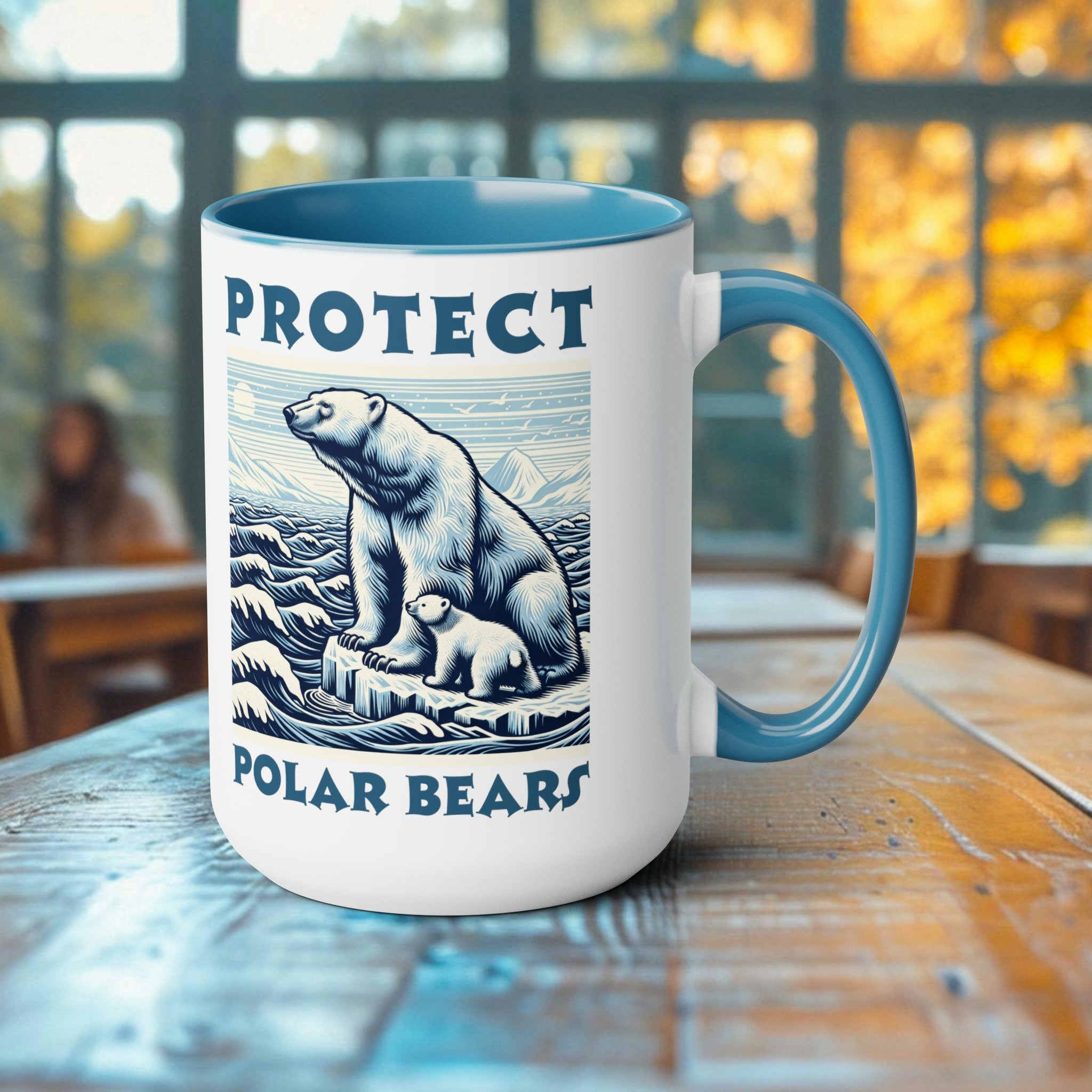 Polar Bear Mother and Cub Mug - Handcrafted Woodcut Design Ceramic Cup - Unique Arctic Wildlife Coffee Mug - Gift for Nature Lovers - Chromatic Safari - Blue -