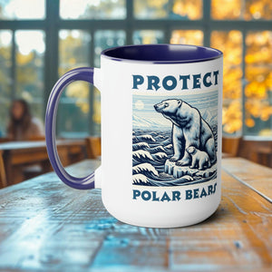 Polar Bear Mother and Cub Mug - Handcrafted Woodcut Design Ceramic Cup - Unique Arctic Wildlife Coffee Mug - Gift for Nature Lovers - Chromatic Safari - Blue -