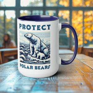 Polar Bear Mother and Cub Mug - Handcrafted Woodcut Design Ceramic Cup - Unique Arctic Wildlife Coffee Mug - Gift for Nature Lovers - Chromatic Safari - Blue -