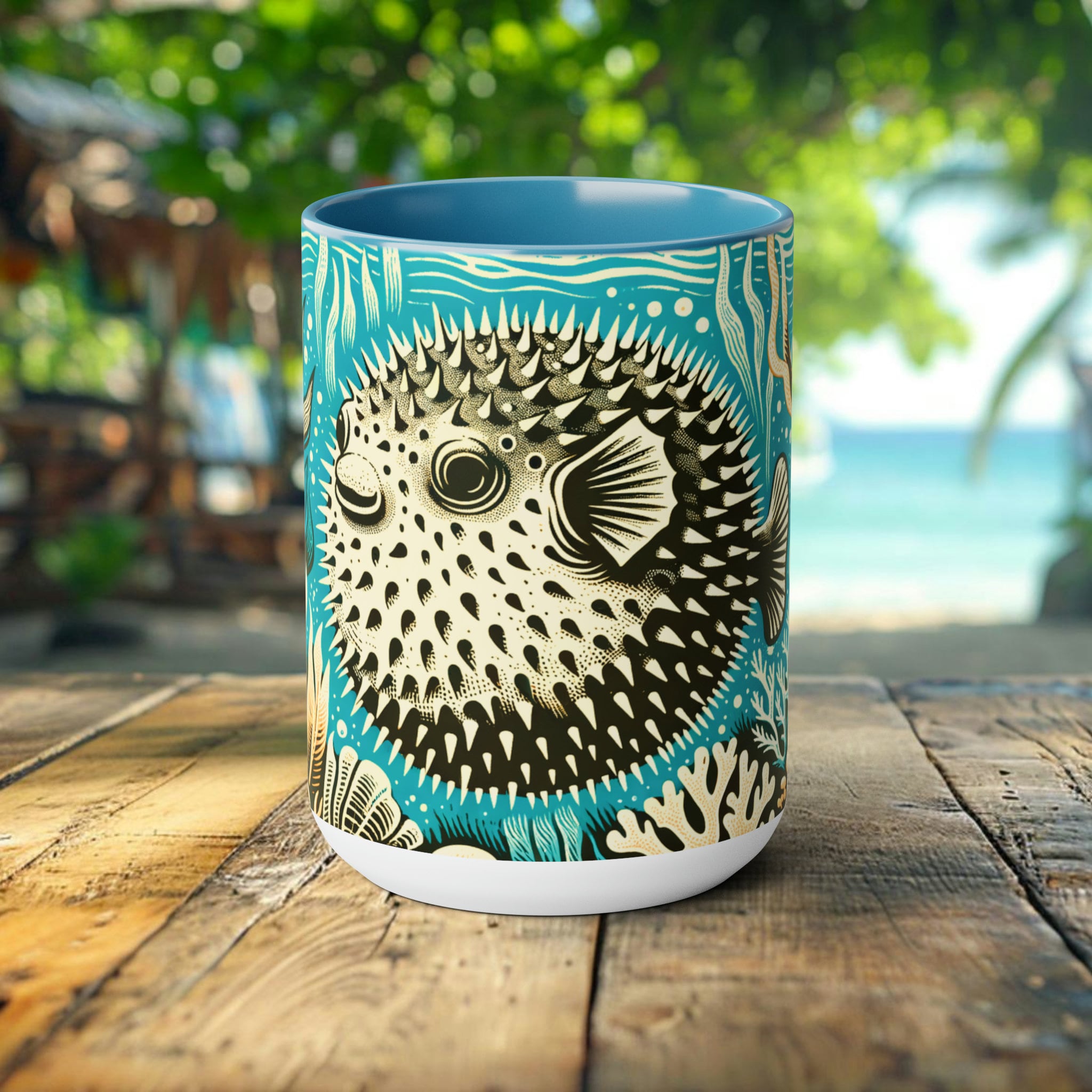 Pufferfish Coffee Mug - Elegant Drinkware, Unique Ocean Creature Cup, Gift for Marine Life Lover, Scuba Diver, Marine Biologist Gifted Fish - Chromatic Safari - Blue -