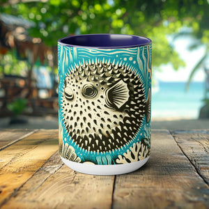 Pufferfish Coffee Mug - Elegant Drinkware, Unique Ocean Creature Cup, Gift for Marine Life Lover, Scuba Diver, Marine Biologist Gifted Fish - Chromatic Safari - Blue -