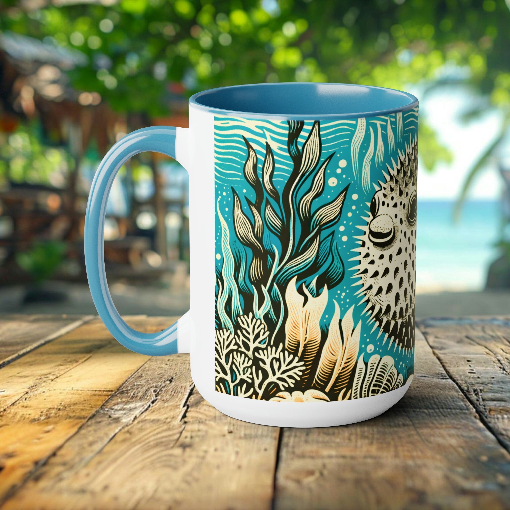 Pufferfish Coffee Mug - Elegant Drinkware, Unique Ocean Creature Cup, Gift for Marine Life Lover, Scuba Diver, Marine Biologist Gifted Fish - Chromatic Safari - Blue -