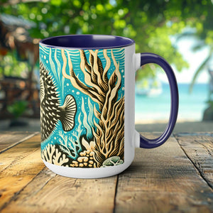 Pufferfish Coffee Mug - Elegant Drinkware, Unique Ocean Creature Cup, Gift for Marine Life Lover, Scuba Diver, Marine Biologist Gifted Fish - Chromatic Safari - Blue -