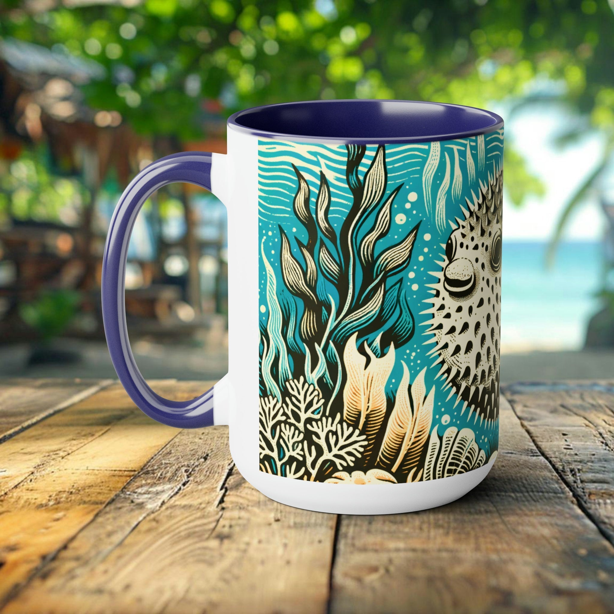 Pufferfish Coffee Mug - Elegant Drinkware, Unique Ocean Creature Cup, Gift for Marine Life Lover, Scuba Diver, Marine Biologist Gifted Fish - Chromatic Safari - Blue -