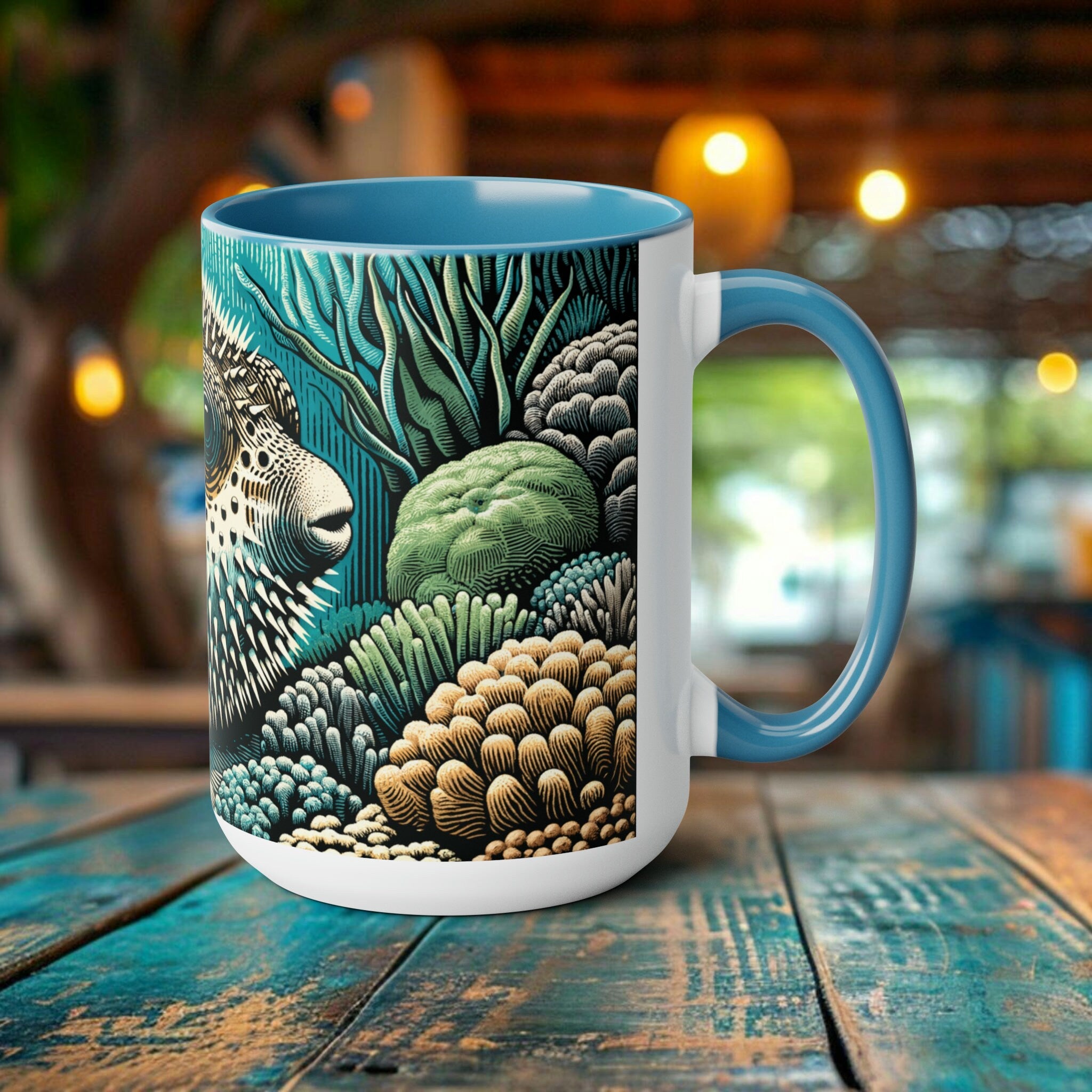 Pufferfish Coffee Mug - Elegant Woodcut Design Drinkware, Unique Ocean Creature Cup, Artistic Marine Animal, Gift for Marine Life Lover - Chromatic Safari - Blue -