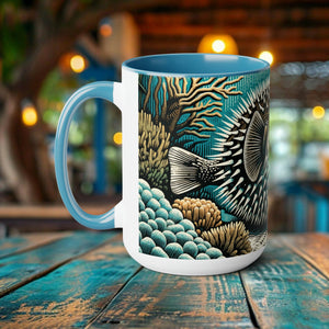 Pufferfish Coffee Mug - Elegant Woodcut Design Drinkware, Unique Ocean Creature Cup, Artistic Marine Animal, Gift for Marine Life Lover - Chromatic Safari - Blue -