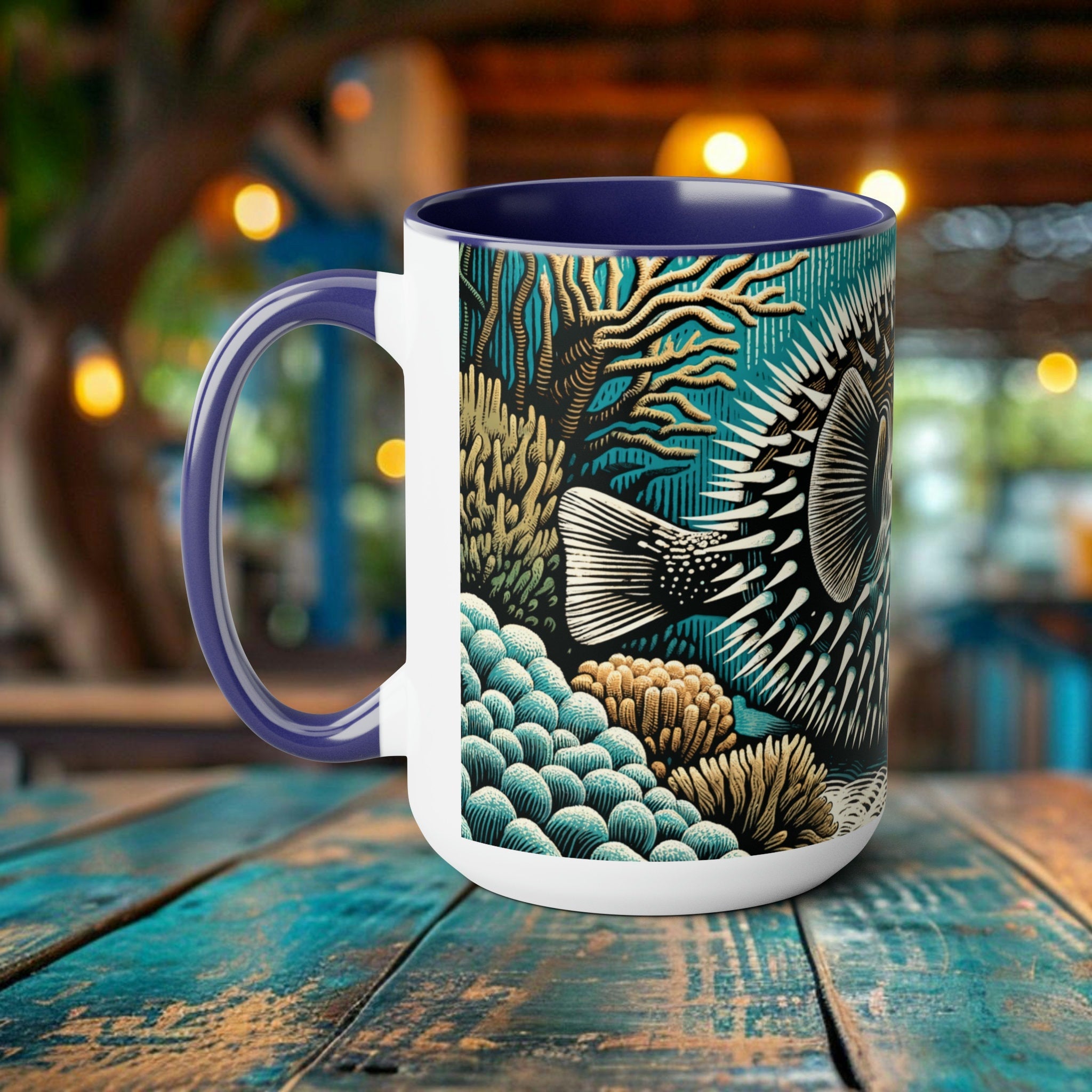 Pufferfish Coffee Mug - Elegant Woodcut Design Drinkware, Unique Ocean Creature Cup, Artistic Marine Animal, Gift for Marine Life Lover - Chromatic Safari - Blue -