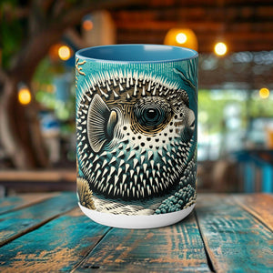 Pufferfish Coffee Mug - Elegant Woodcut Design Drinkware, Unique Ocean Creature Cup, Artistic Marine Animal, Gift for Marine Life Lover - Chromatic Safari - Blue -