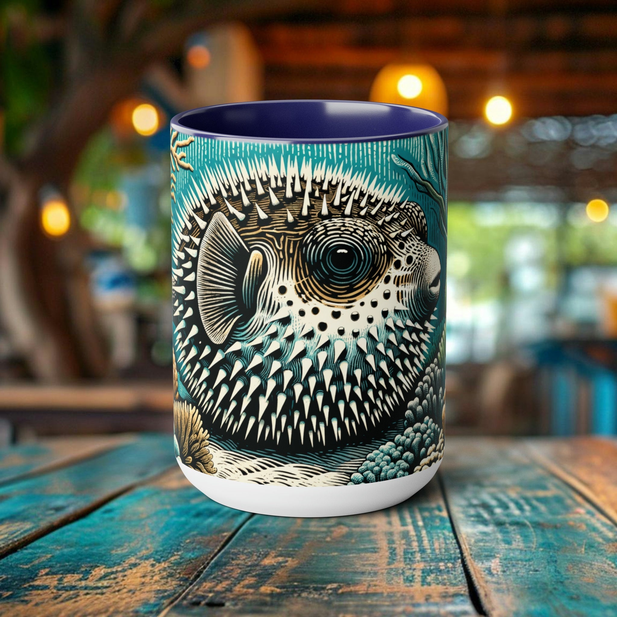 Pufferfish Coffee Mug - Elegant Woodcut Design Drinkware, Unique Ocean Creature Cup, Artistic Marine Animal, Gift for Marine Life Lover - Chromatic Safari - Blue -