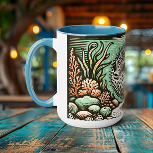 Pufferfish Coffee Mug - Elegant Woodcut Design Drinkware, Unique Ocean Creature Cup, Artistic Retro Pufferfish, Gift for Marine Life Lover - Chromatic Safari - Blue -