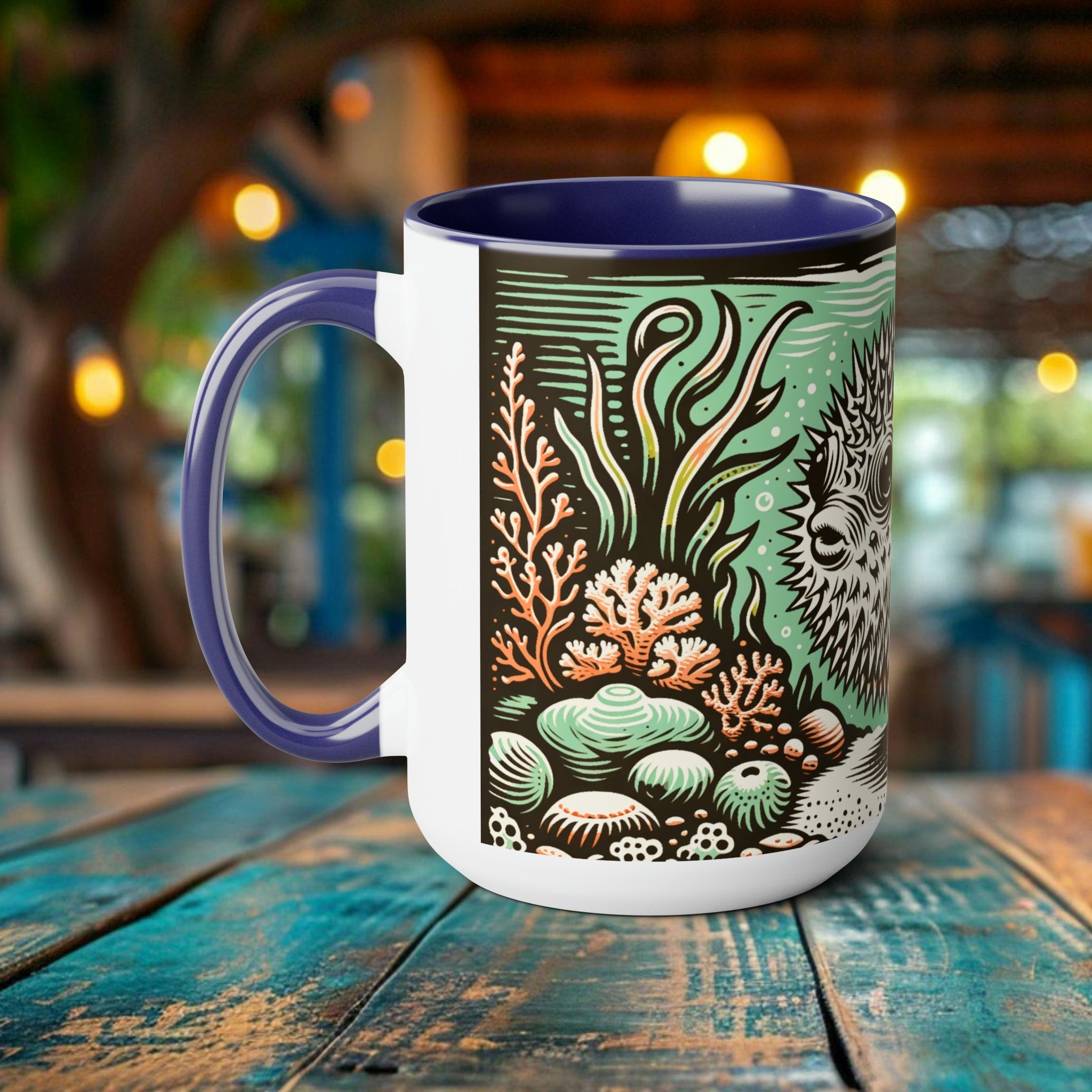 Pufferfish Coffee Mug - Elegant Woodcut Design Drinkware, Unique Ocean Creature Cup, Artistic Retro Pufferfish, Gift for Marine Life Lover - Chromatic Safari - Blue -