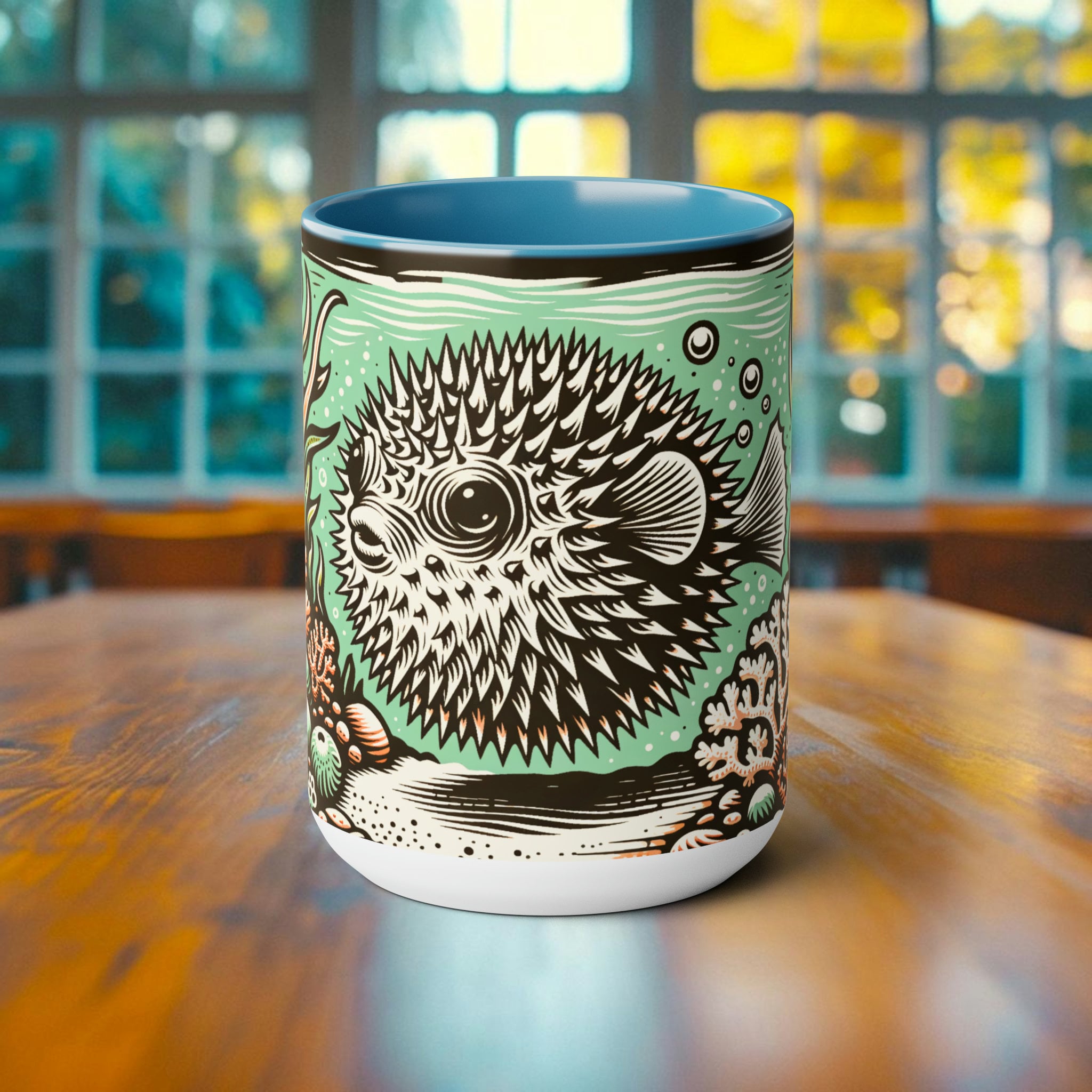 Pufferfish Coffee Mug - Elegant Woodcut Design Drinkware, Unique Ocean Creature Cup, Artistic Retro Pufferfish, Gift for Marine Life Lover - Chromatic Safari - Blue -