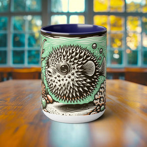 Pufferfish Coffee Mug - Elegant Woodcut Design Drinkware, Unique Ocean Creature Cup, Artistic Retro Pufferfish, Gift for Marine Life Lover - Chromatic Safari - Blue -