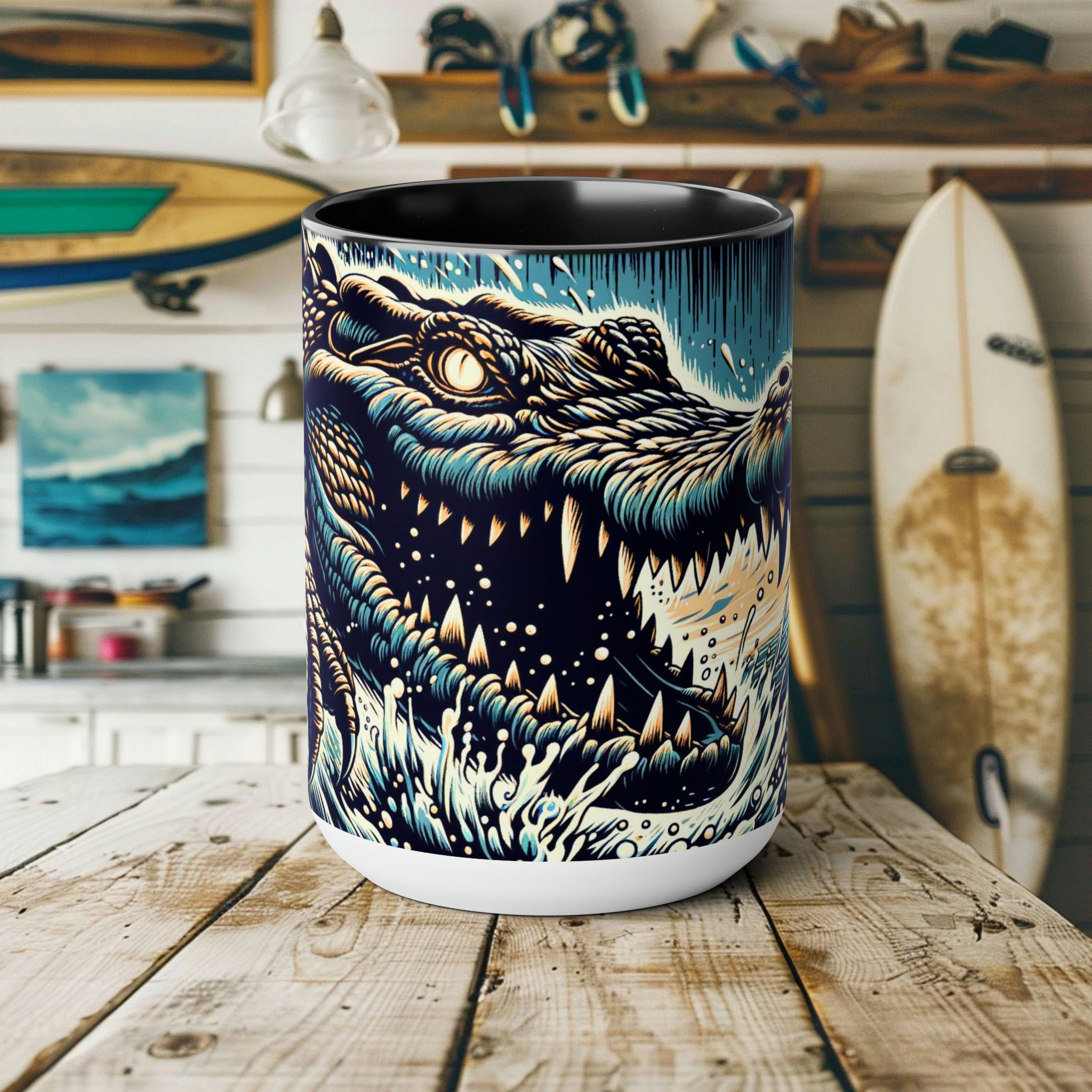 Saltwater Crocodile Mug - Unique Handcrafted Ceramic Coffee Cup Crocodile Design, Perfect Gift for Wildlife Enthusiasts - Mug - Chromatic Safari - 15oz - Black