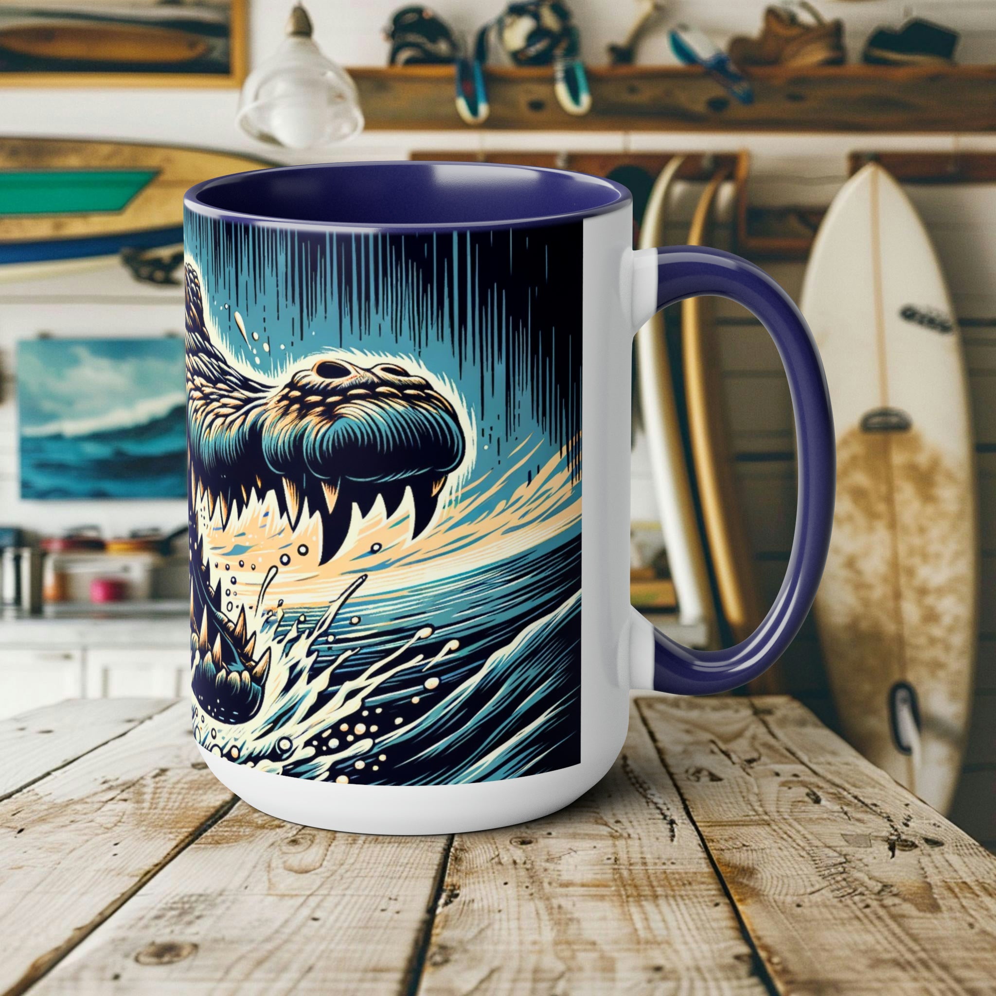 Saltwater Crocodile Mug - Unique Handcrafted Ceramic Coffee Cup Crocodile Design, Perfect Gift for Wildlife Enthusiasts - Mug - Chromatic Safari - 15oz - Blue