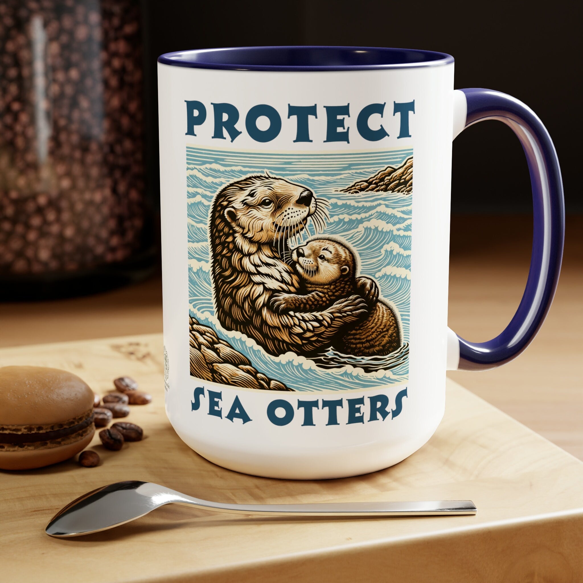 Sea Otter and Pup 2 Tone Accent Mug | Unique Ceramic Coffee Cup | Perfect Gift for Marine Life Lovers and Conservation Supporters - Chromatic Safari - Blue -