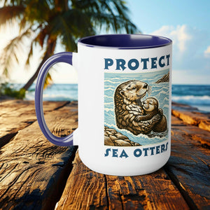 Sea Otter and Pup 2 Tone Accent Mug | Unique Ceramic Coffee Cup | Perfect Gift for Marine Life Lovers and Conservation Supporters - Chromatic Safari - Blue -