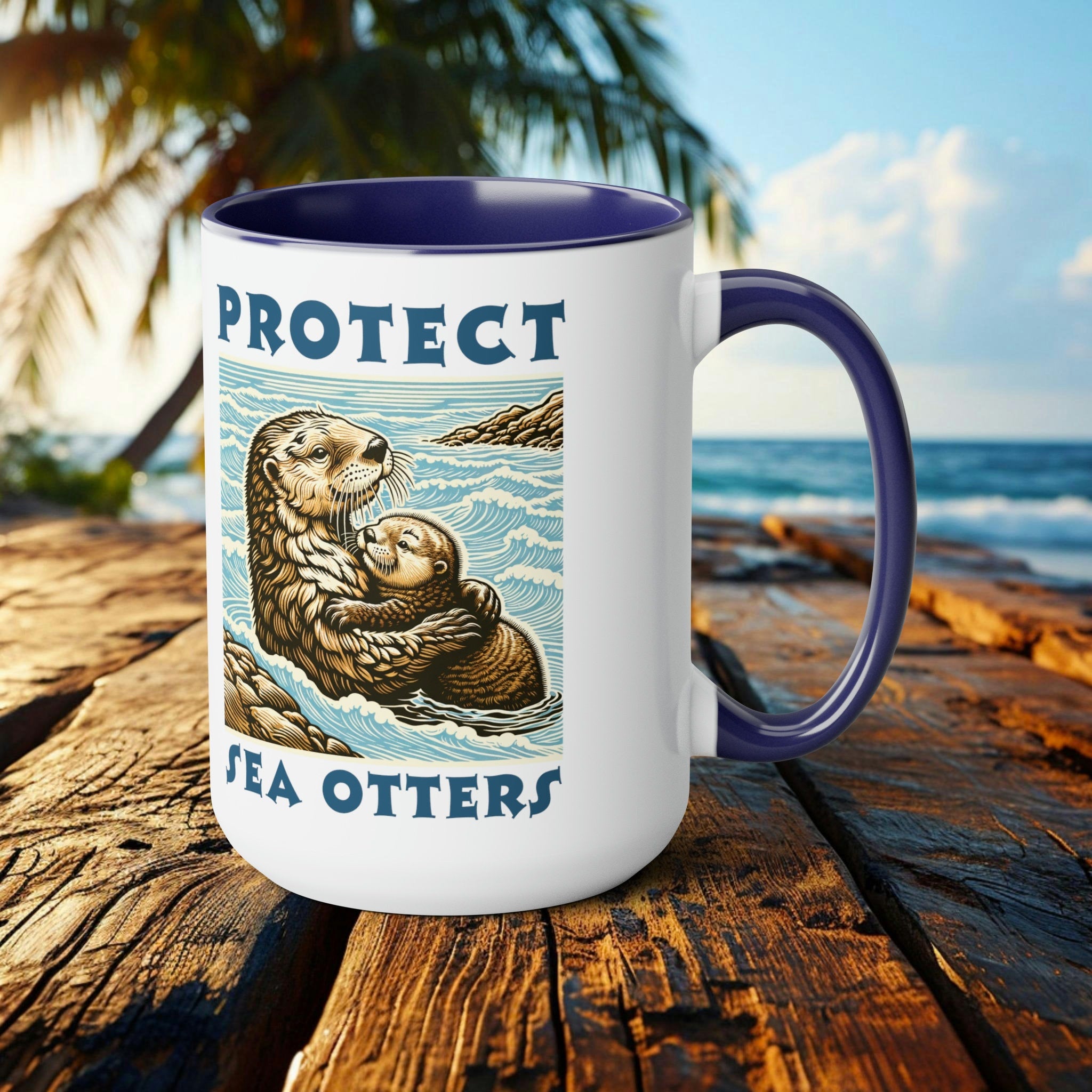 Sea Otter and Pup 2 Tone Accent Mug | Unique Ceramic Coffee Cup | Perfect Gift for Marine Life Lovers and Conservation Supporters - Chromatic Safari - Blue -