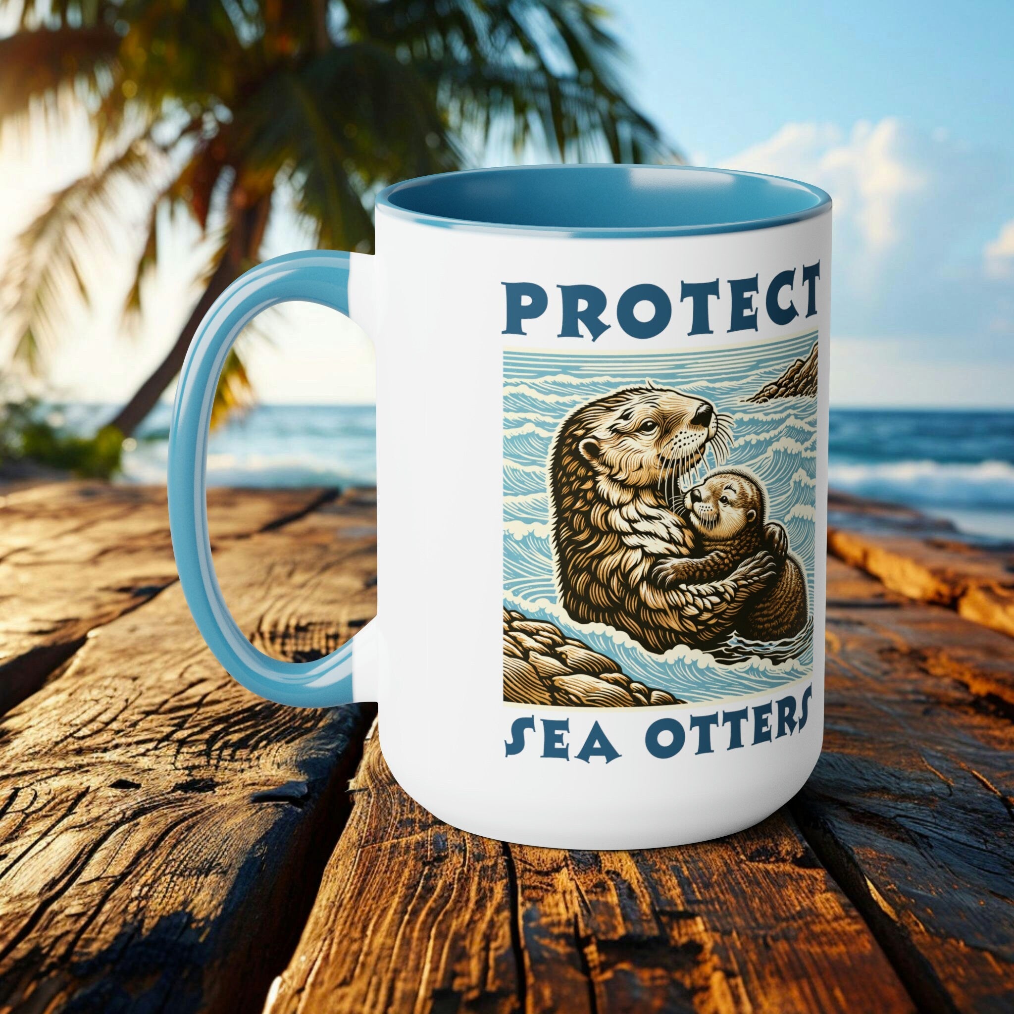 Sea Otter and Pup 2 Tone Accent Mug | Unique Ceramic Coffee Cup | Perfect Gift for Marine Life Lovers and Conservation Supporters - Chromatic Safari - Blue -