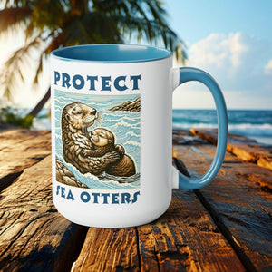 Sea Otter and Pup 2 Tone Accent Mug | Unique Ceramic Coffee Cup | Perfect Gift for Marine Life Lovers and Conservation Supporters - Chromatic Safari - Blue -