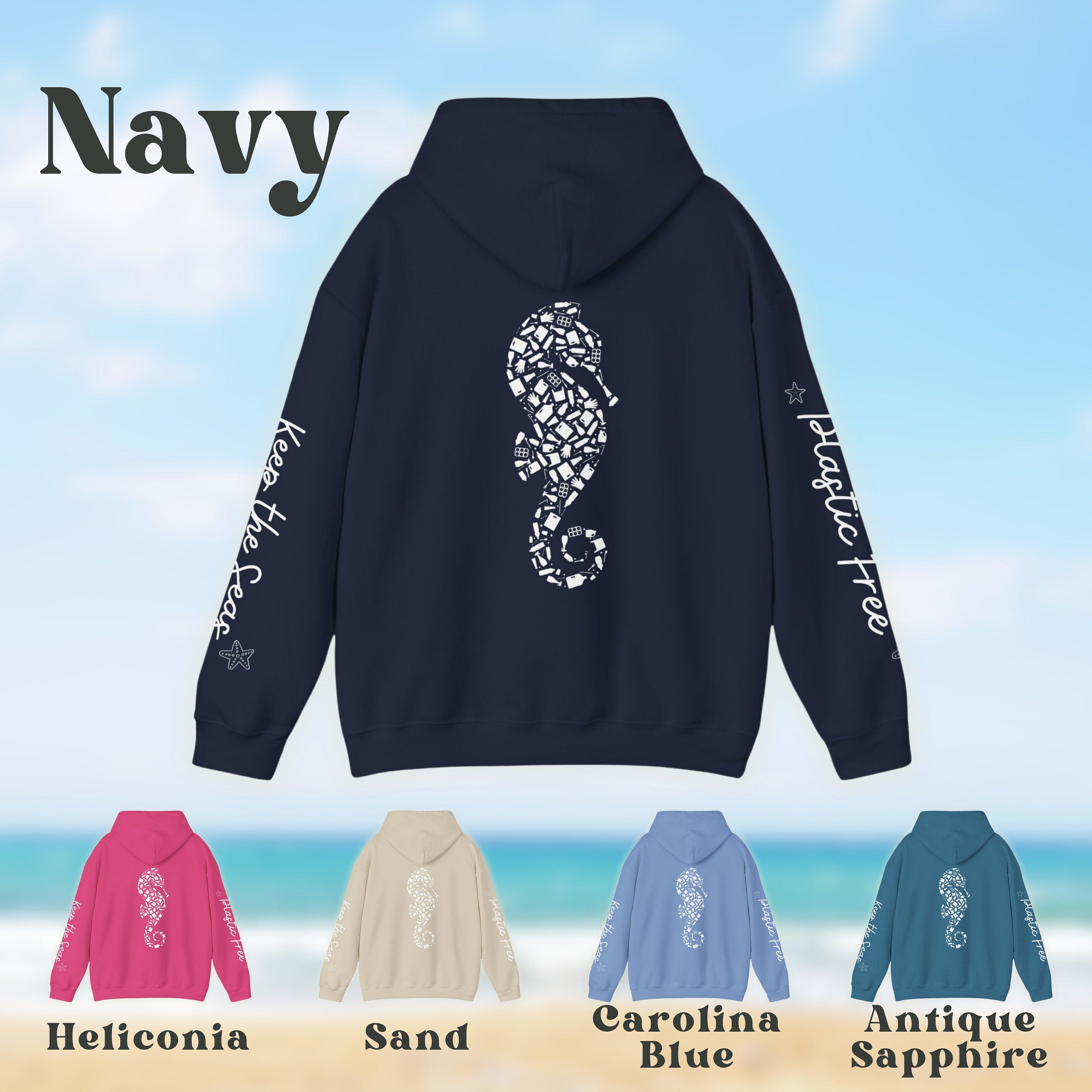 a navy hoodie with an image of a seahorse on it