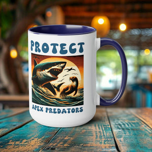 Shark Coffee Mug: Shark & Seal Woodcut Art for Eco-Warriors. Support Ocean Conservation, Eco-Conscious Marine Life Enthusiasts Eco Friend - Chromatic Safari - Blue -