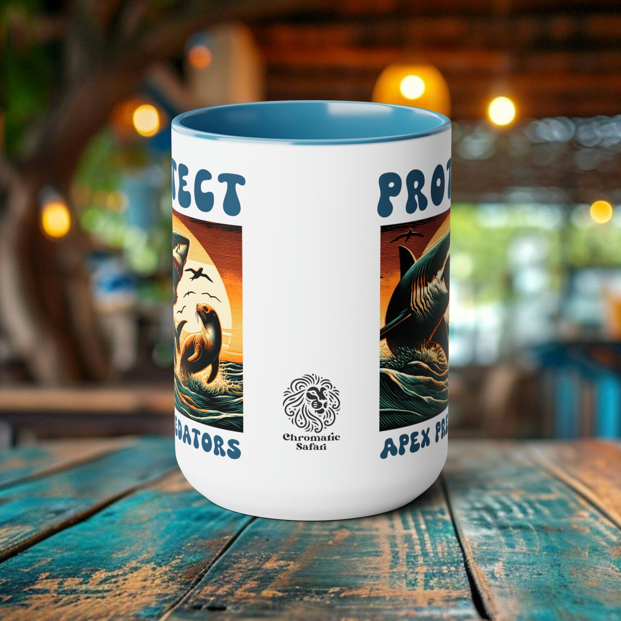 Shark Coffee Mug: Shark & Seal Woodcut Art for Eco-Warriors. Support Ocean Conservation, Eco-Conscious Marine Life Enthusiasts Eco Friend - Chromatic Safari - Blue -