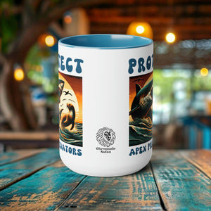 Shark Coffee Mug: Shark & Seal Woodcut Art for Eco-Warriors. Support Ocean Conservation, Eco-Conscious Marine Life Enthusiasts Eco Friend - Chromatic Safari - Blue -