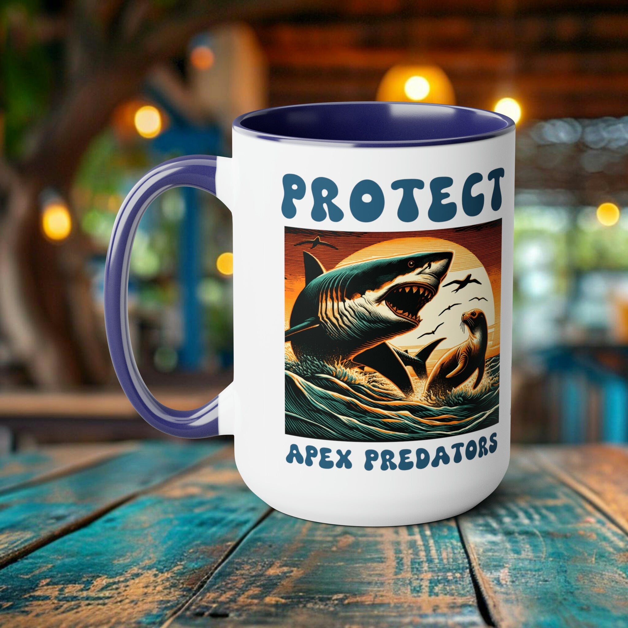 Shark Coffee Mug: Shark & Seal Woodcut Art for Eco-Warriors. Support Ocean Conservation, Eco-Conscious Marine Life Enthusiasts Eco Friend - Chromatic Safari - Blue -