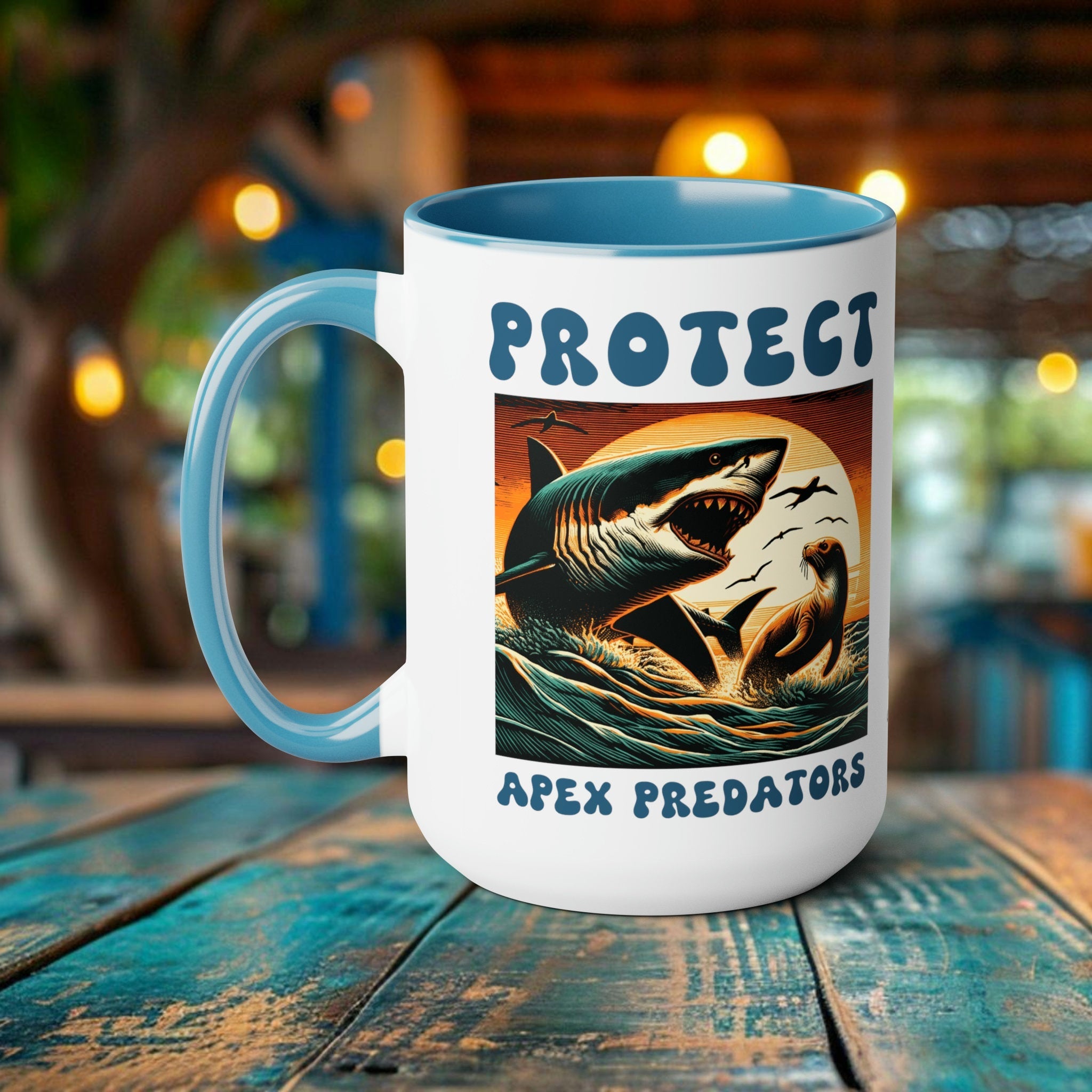 Shark Coffee Mug: Shark & Seal Woodcut Art for Eco-Warriors. Support Ocean Conservation, Eco-Conscious Marine Life Enthusiasts Eco Friend - Chromatic Safari - Blue -