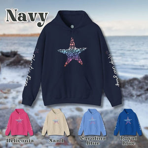 a navy hoodie with a star on it